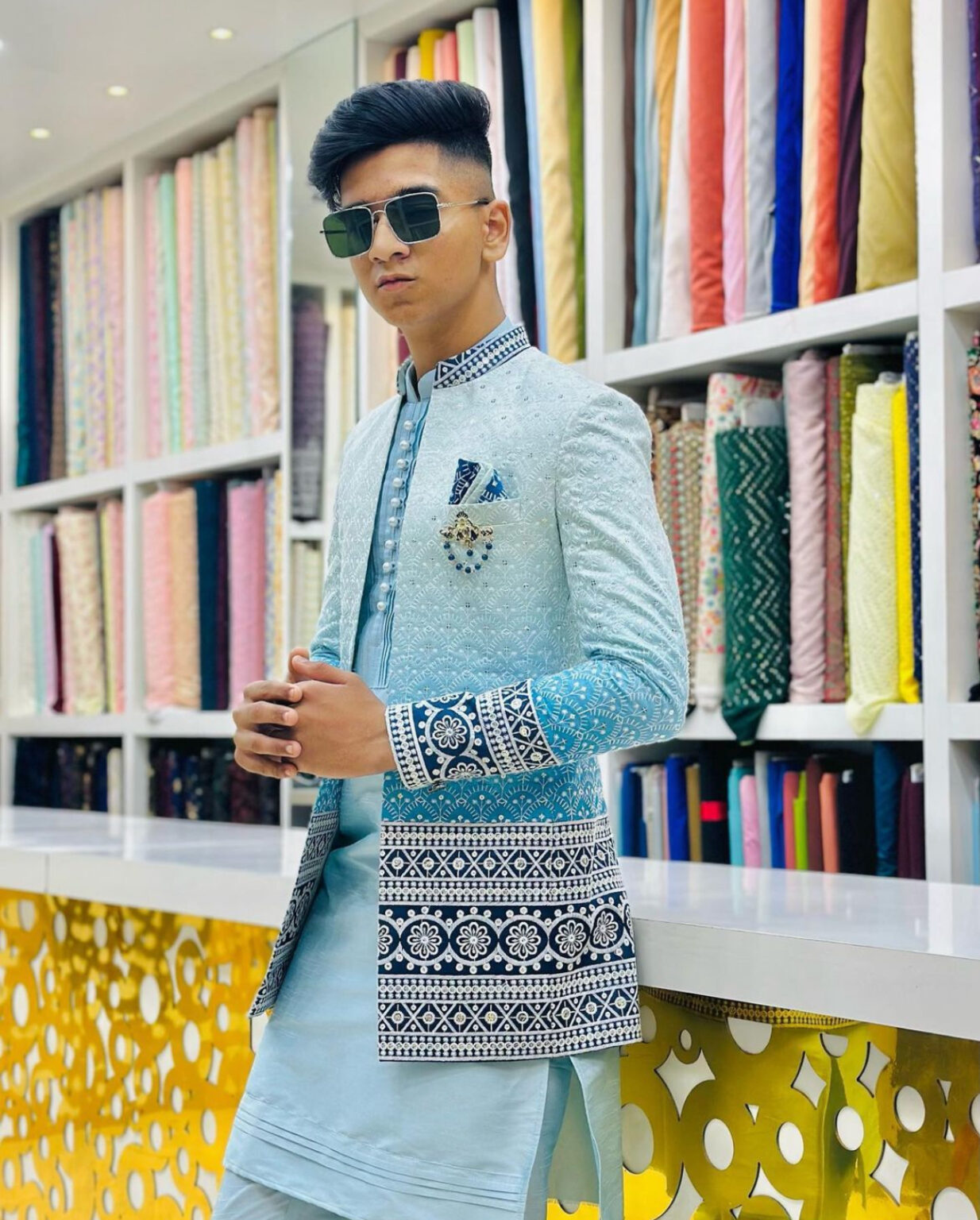 double shaded sky & peacock blue jodhpuri set VR DESIGNERS