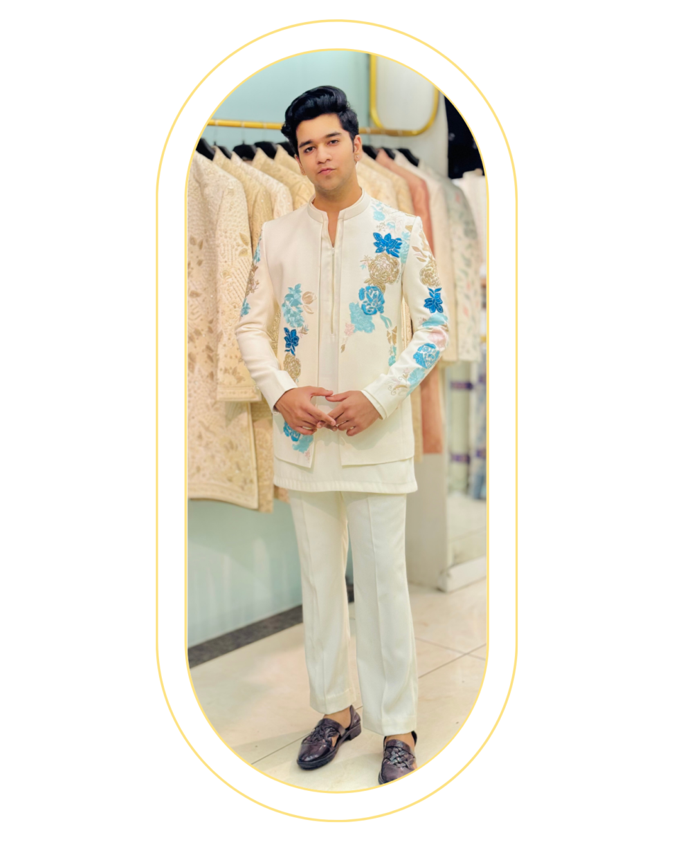 ivory floral hand-embroidered shrug set