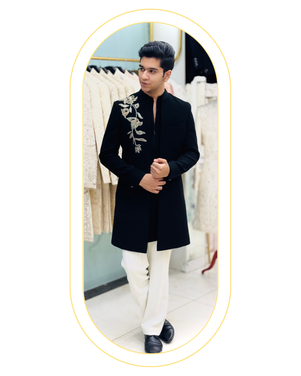 black floral hand-embroidered indowestern