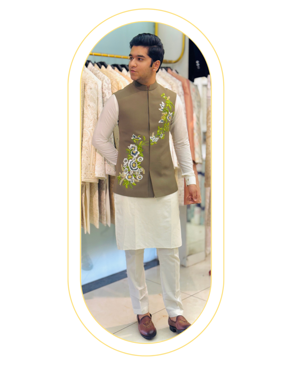 khakhi floral hand embroidered koti set