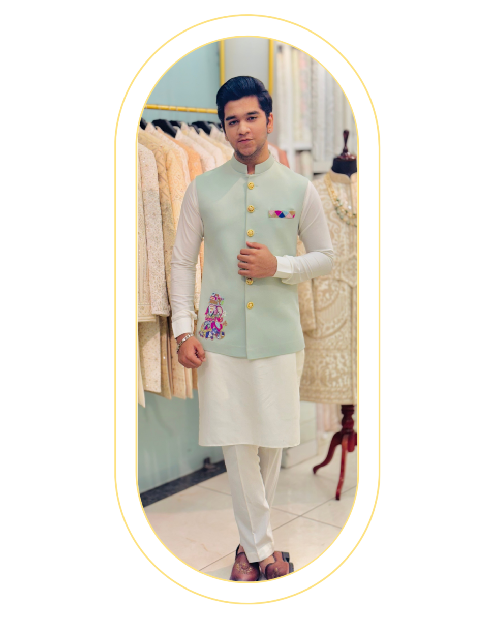 mint hand-embroidered koti set