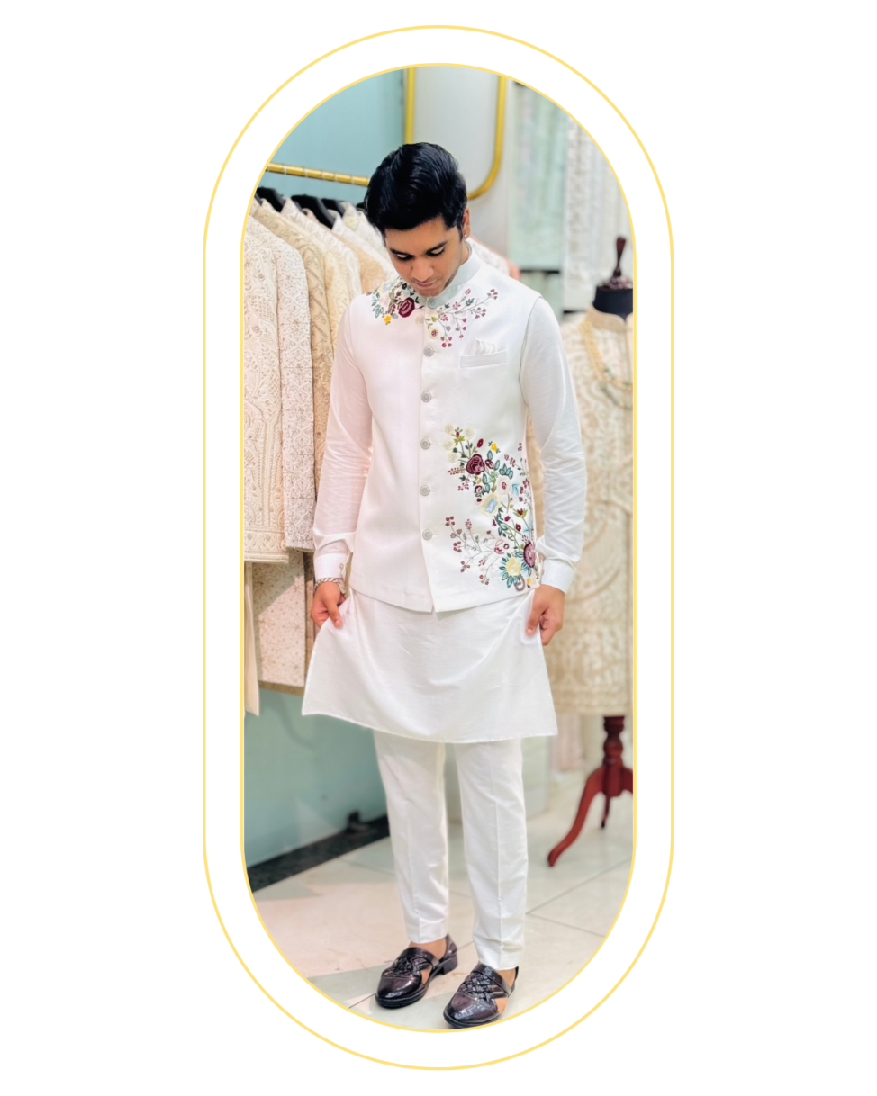 all white koti set with floral hand embroidery