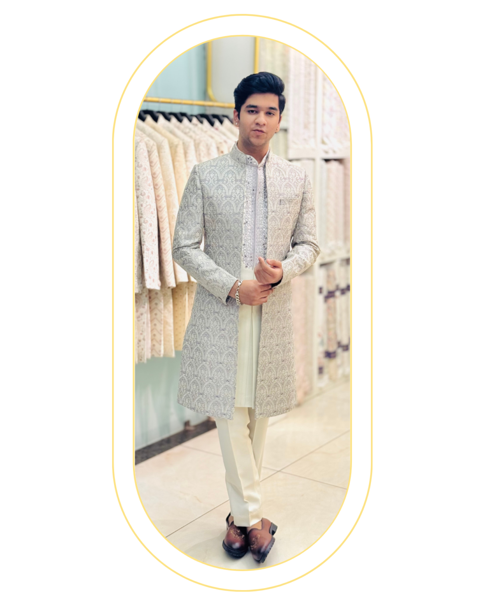 lavender mirror-work indowestern