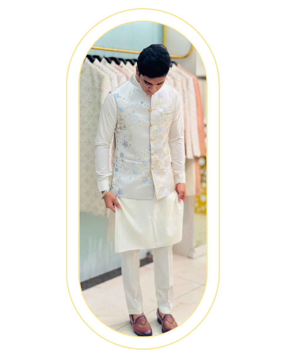 silver with sky floral koti set