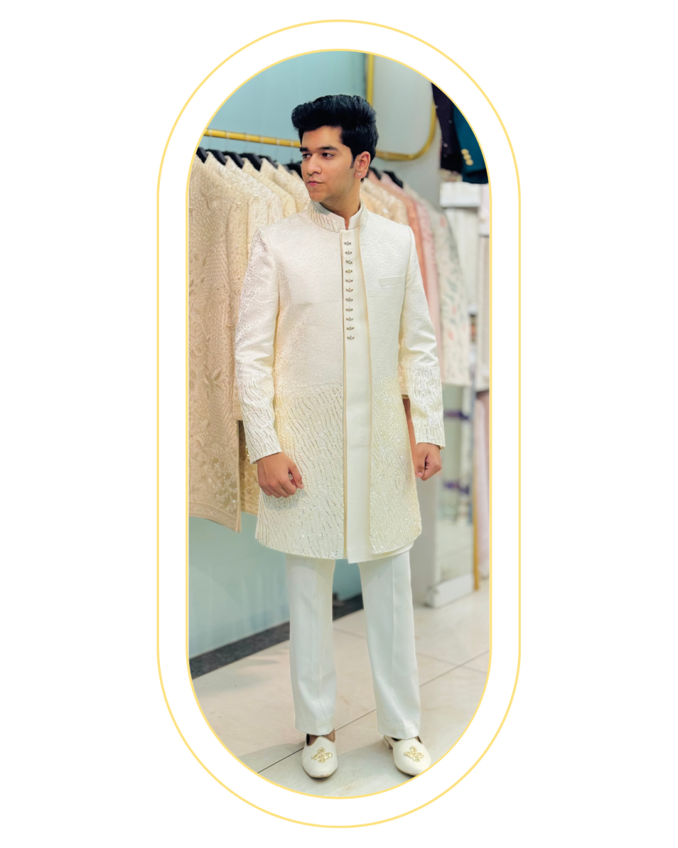 elegant ivory hand-embroidered indowestern