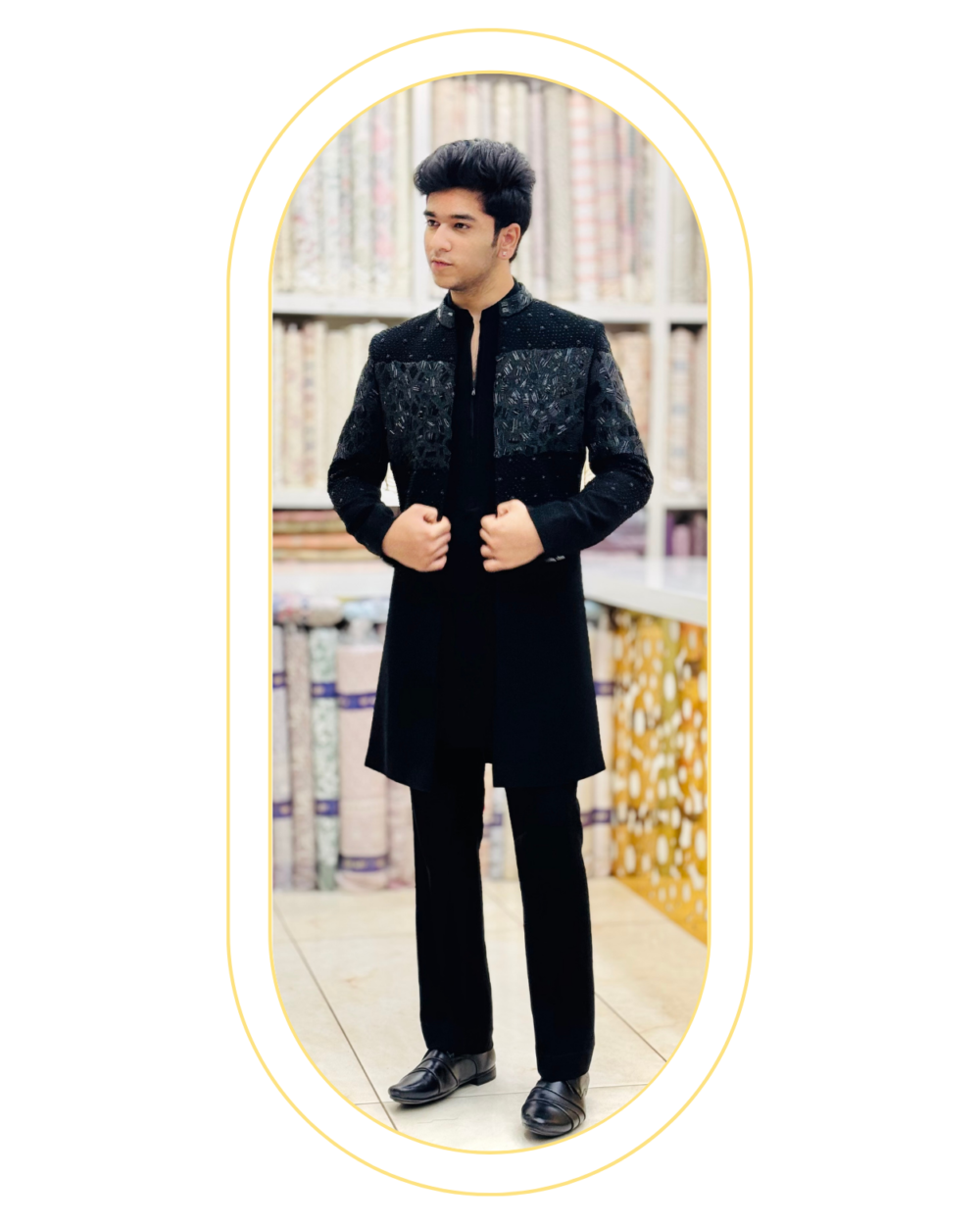 all black hand-embroidered indowestern